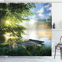 landscape shower curtain fishing pier by river in the morning with clouds and trees nature image cloth fabric bathroom decor set
