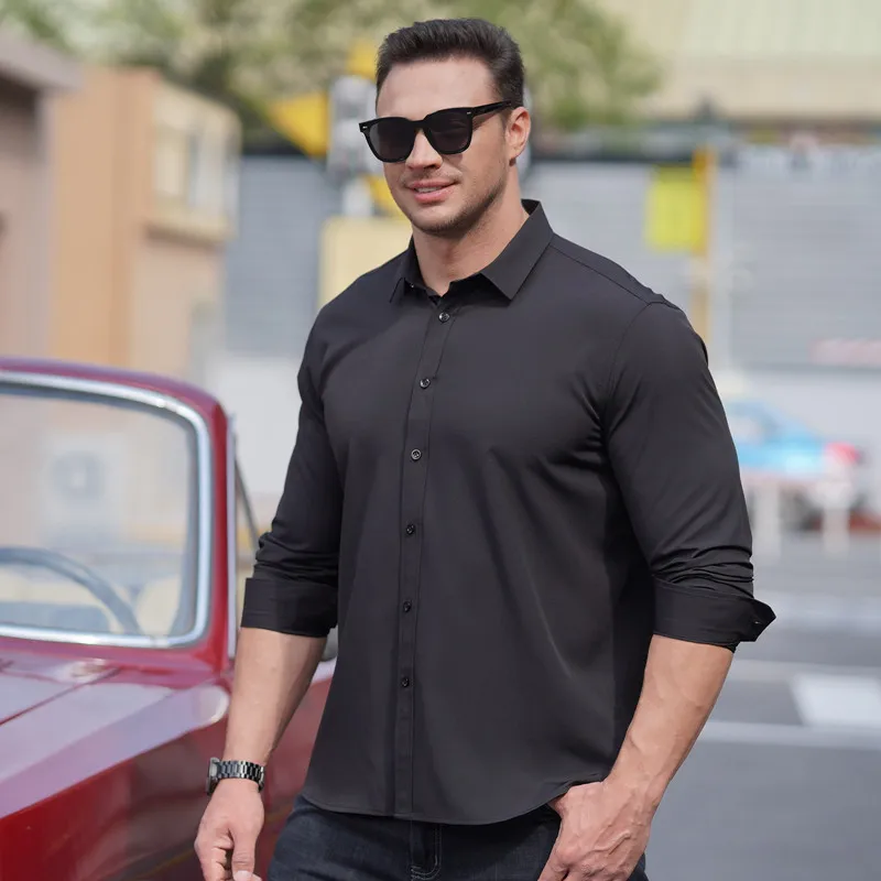 Large Size Men Blouse Solid Color Stretch Long Sleeved Shirt Plus Size Men's Spring Autumn Business Office Wear Casual Shirt