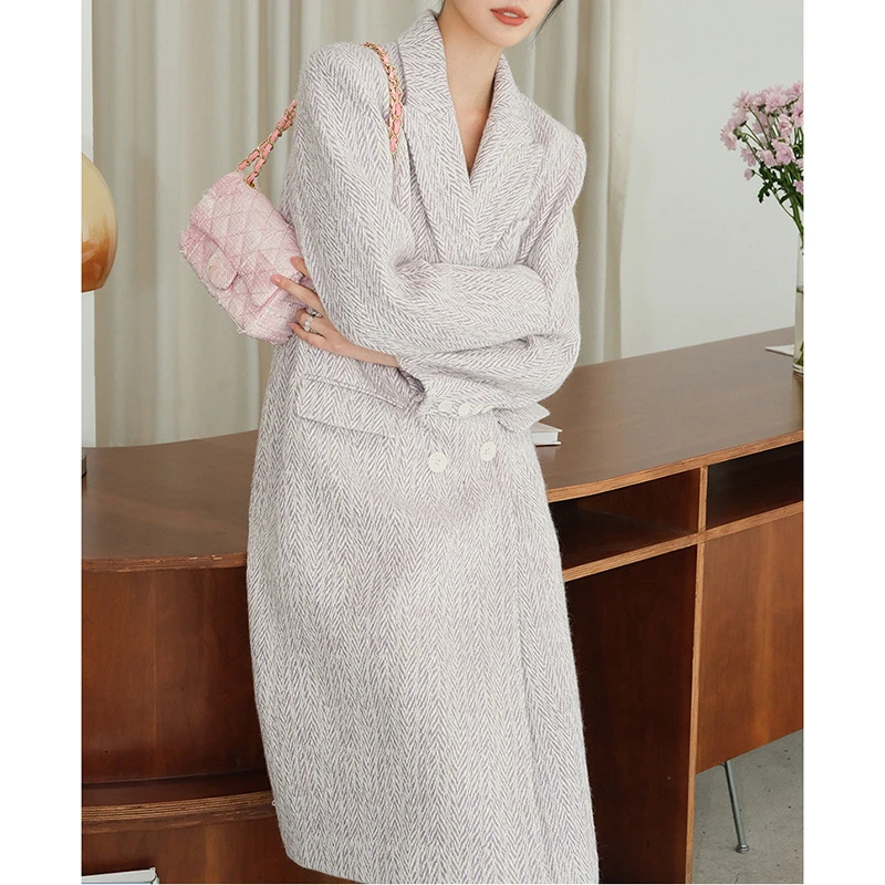 

Korean Fashion Wool Coats Women Long Jackets Lurex Purple Blazer Outerwear Cozy Elegant Female Autumn Winter Casual Japanese ins