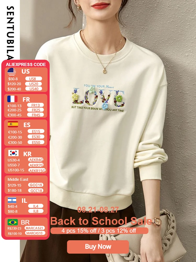 

Sentubila Casual Loose Tops Sweater For Women 2023 Spring Fashion O-Neck Penelled Embroidery Basic Long Sleeves Women Blouses