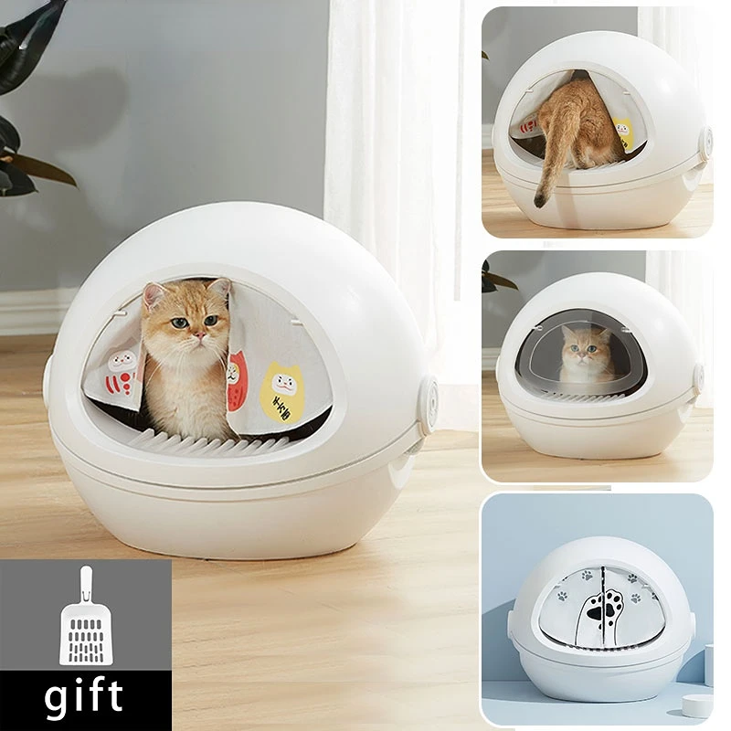 

Cat Litter Box Space Capsule Closed Sandbox Kitten Bedpan Toilet Anti-Splash Potty With Spoon Clean House Plastic Pet Supplies