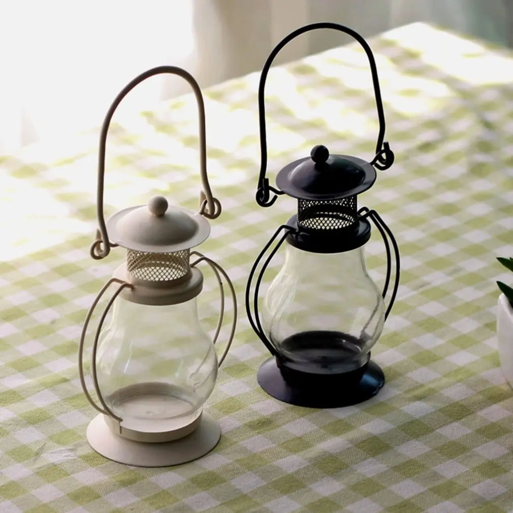 European-style Retro Mini Candlestick Kerosene Lamp Carry Handle Glass Candle Holder for Indoor Outdoor Lighting Table Lamp