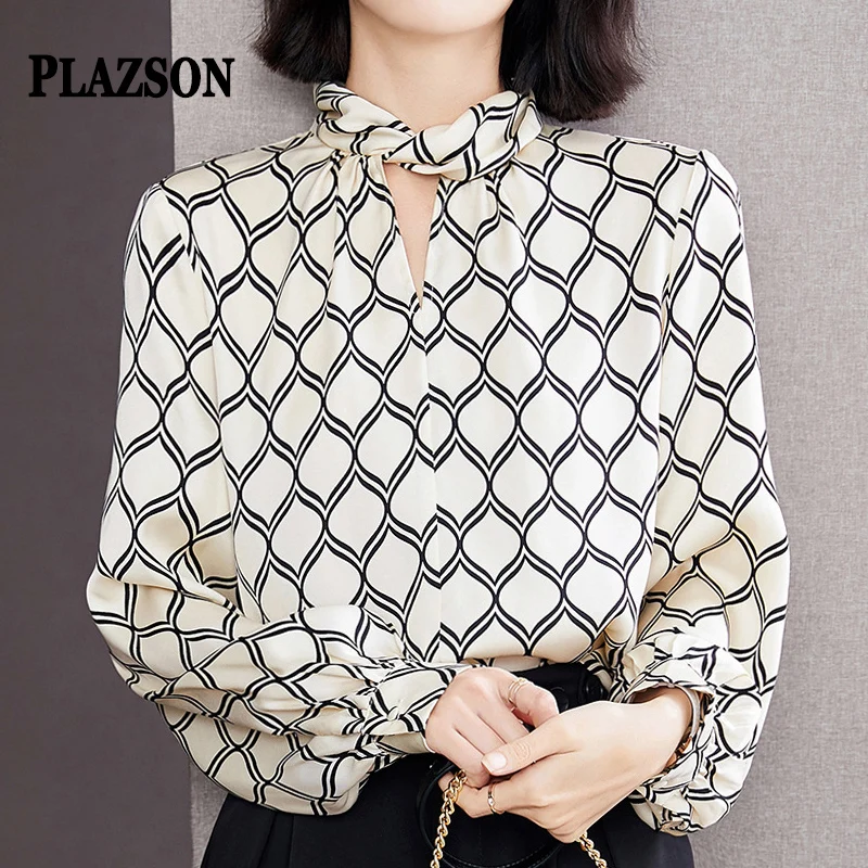 

Атласная рубашка PLAZSON с геометрическим принтом, женская одежда на осень, шелковые блузки с длинным рукавом и воротником-стойкой, пуловеры, топы, женские рубашки