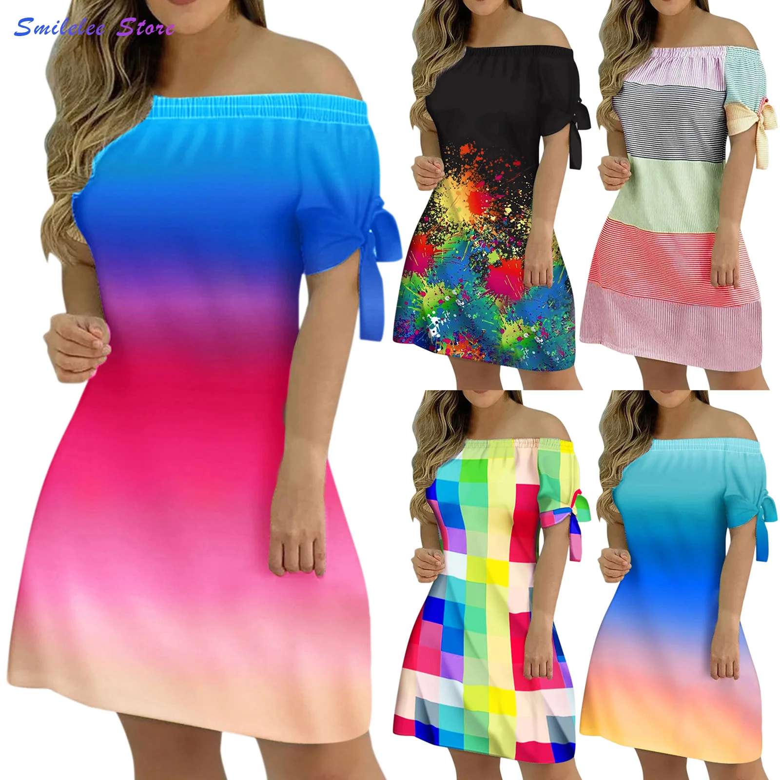 

Feitong Gradient Tie Women Fashion Casual Summer Off Shoulder Print Dress Stripped Lace Up Short Sleeves Mini Dress Платье Миди