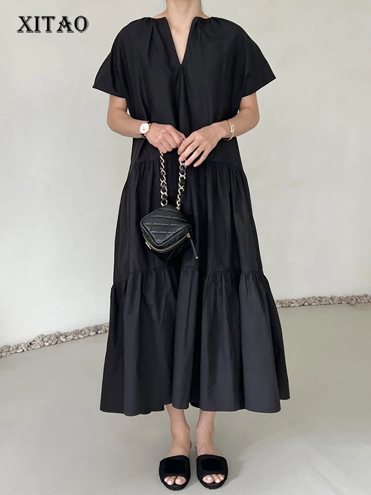 

XITAO, плиссированное лоскутное платье для женщин, Корея, лето 2023, Новое поступление, индивидуальное модное Свободное платье с v-образным вырезом и коротким рукавом HQQ1270