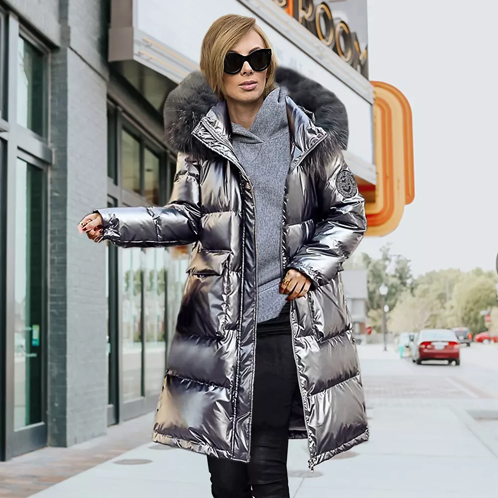 Casual Big Pockets Bright leather Cotton liner Jackets Long Sleeve Hooded Fur Collar Solid Warm Long Coat 2021 Winter Tops