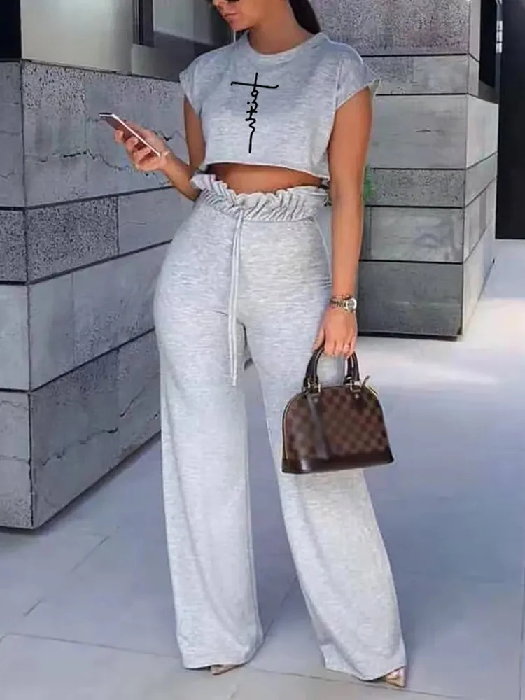 

Shein Romwe 2022 летний укороченный топ с буквенным принтом и бумажная сумка, брюки на талию, комплект из двух модных повседневных предметов для же...