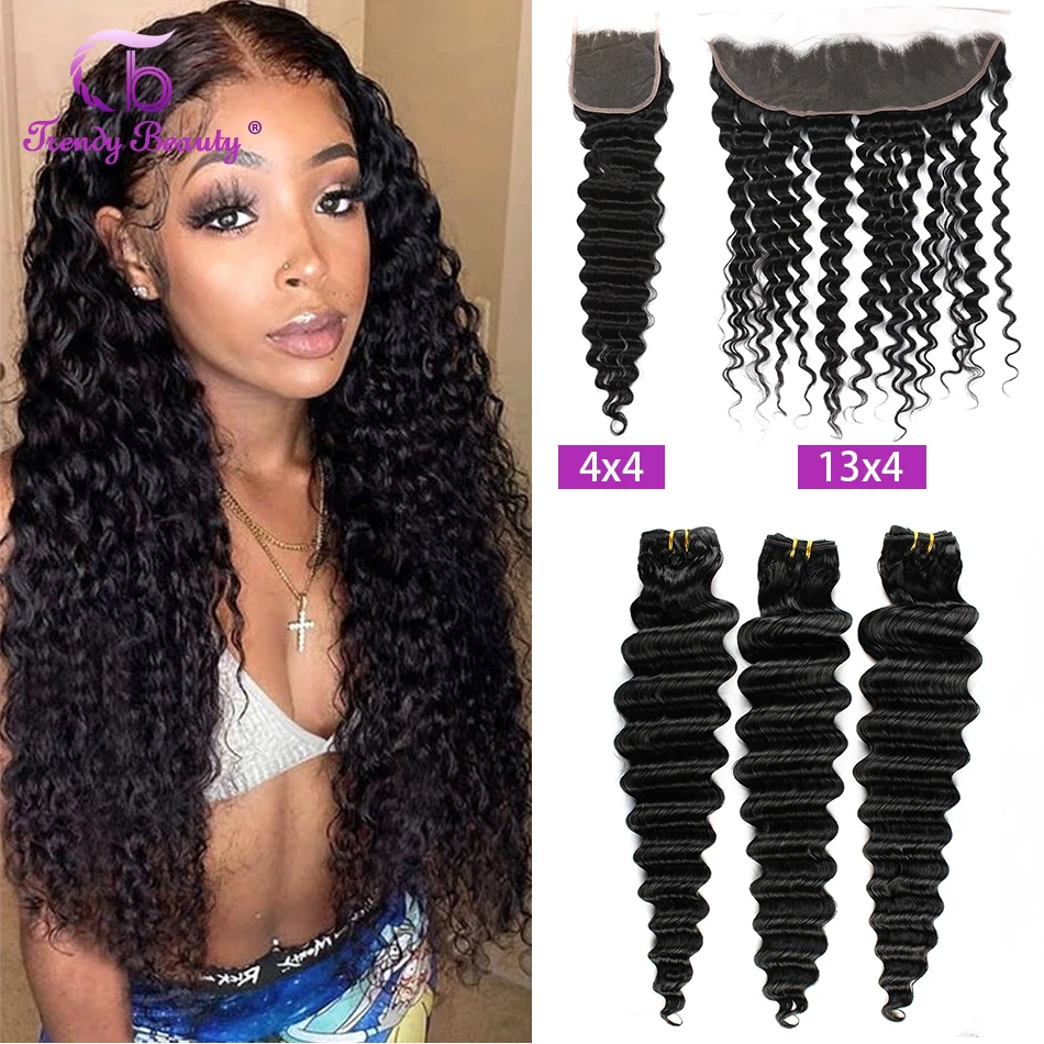 Brazilian Deep Wave With 13x4 Lace Frontal 100% Remy Human Hair Extensions Deep Wave Bundles With 4x4 Lace Closure Free Shipping
