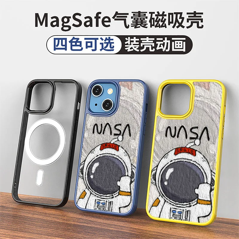 

Transparent Magnetic Phone Case for iPhone 14 12 11 Pro Max Wireless Charging Cover For 13 Paint Astronaut Magnet Case