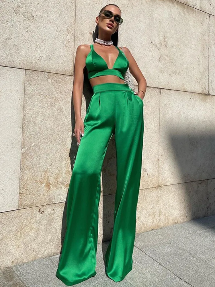 

hirigin Two Piece Set Women Vest Wide-Leg Pants Suit Sleeveless Crop Wrapped Tops High Waist Casual Party Trousers Outfits