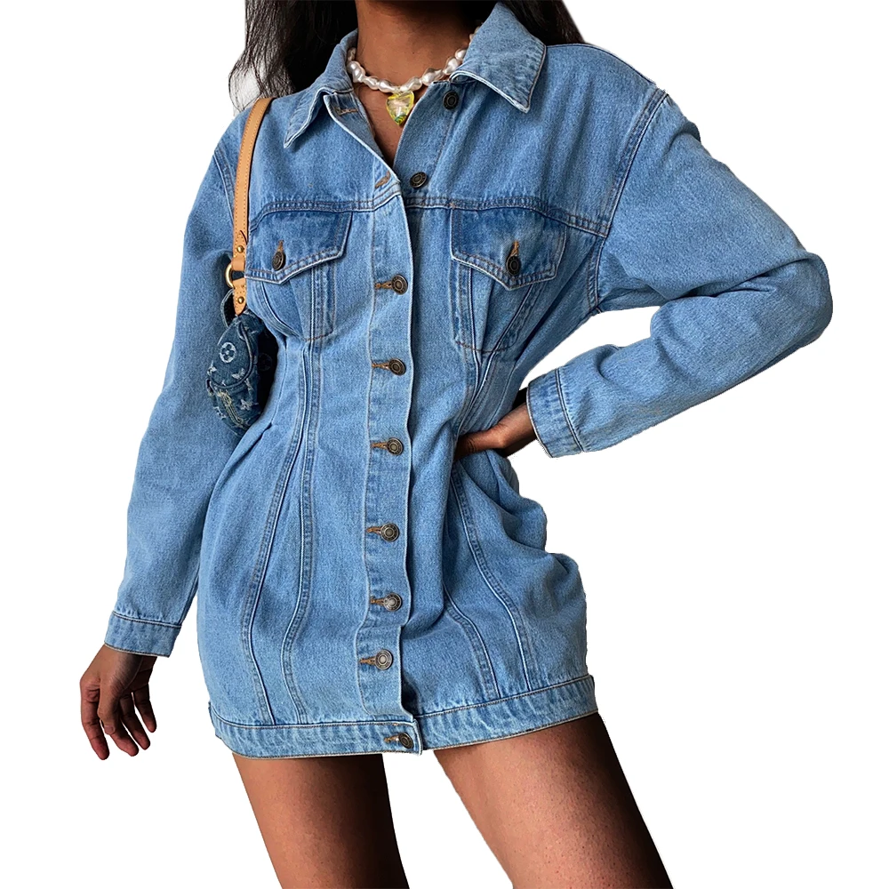 

New Women Sexy Dress High Waist Fashion Streetwear Thin Waist Jean Dress Causal Lapel Single Breasted Office Ladies Denim Dress