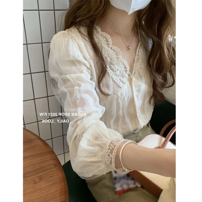 Элегантная кружевная блузка Женская Мягкая универсальная шифоновая рубашка