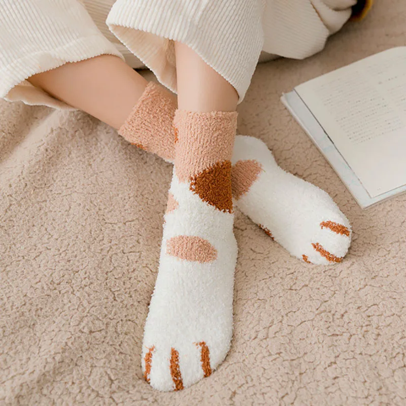 Plush Winter Cute Style Cat Paw Cartoon Pattern Women Cotton Socks Super Soft For Female Stay in the house Sleeping Floor Sox