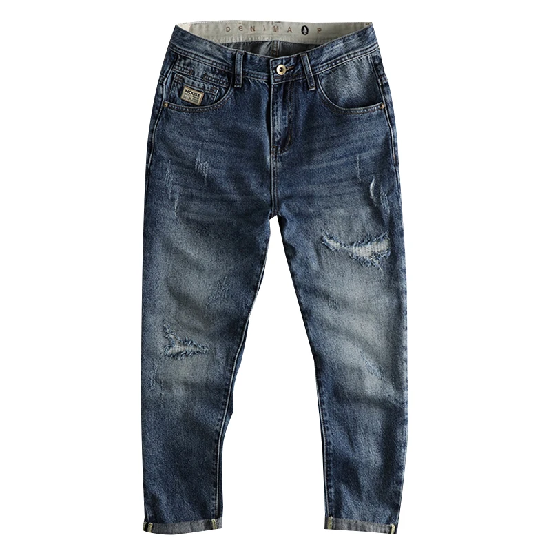 Heavy craft washing in autumn and winter makes old ripped jeans, men's loose straight trend youth harem pants nine points