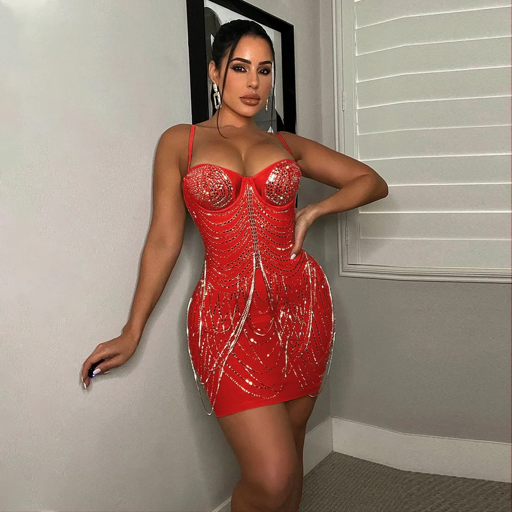 

Perl Sexy Sling Hot Diamond Fashion Hip Dress Nightclub Party See-through Skirt for Women 2022 Chic Bodycon Dress Summer Outfit