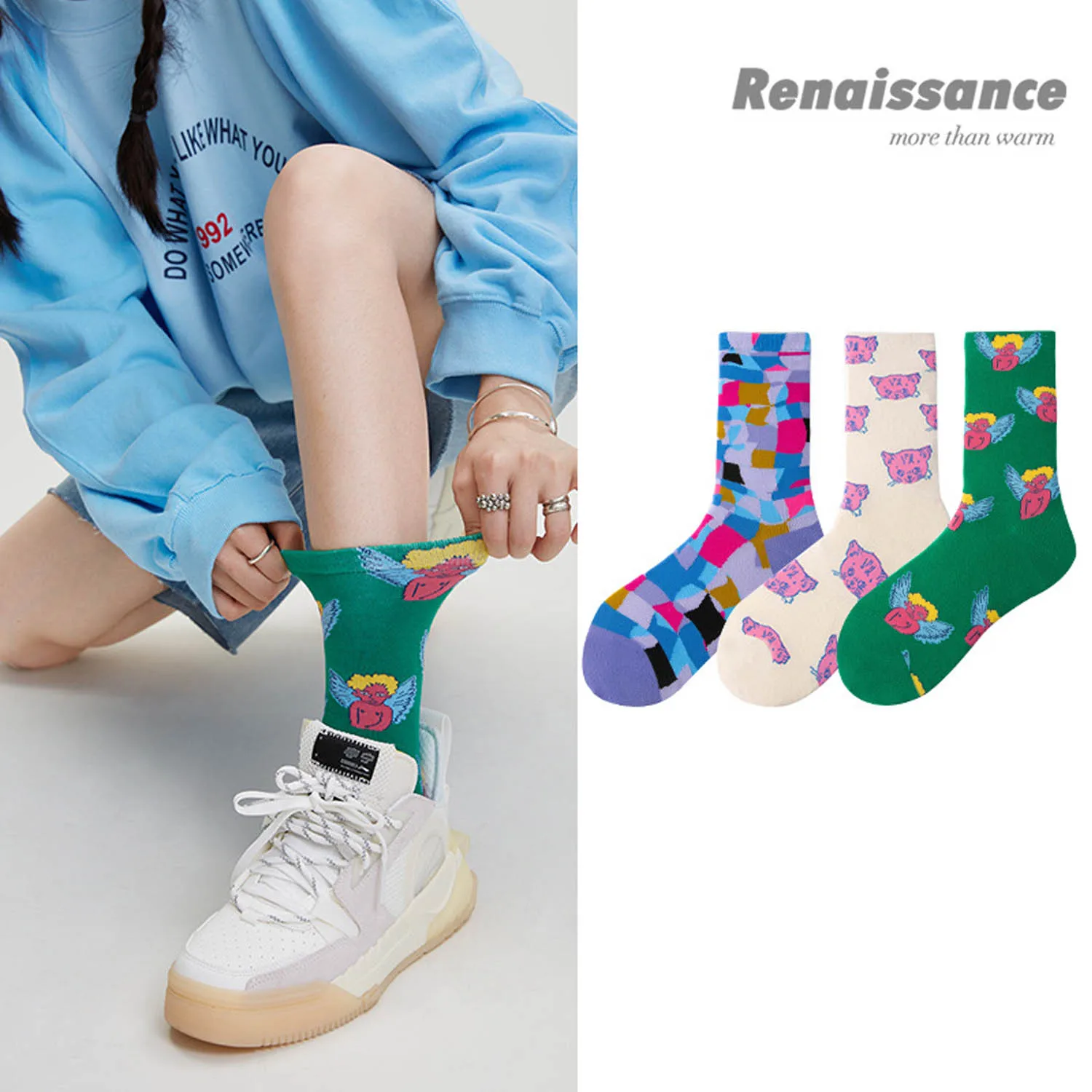 WYXCEN Renaissance Original Women's Socks ins Creative Color Block Socks 3 Pairs Combed Cotton Boneless Socks Women's Trendy