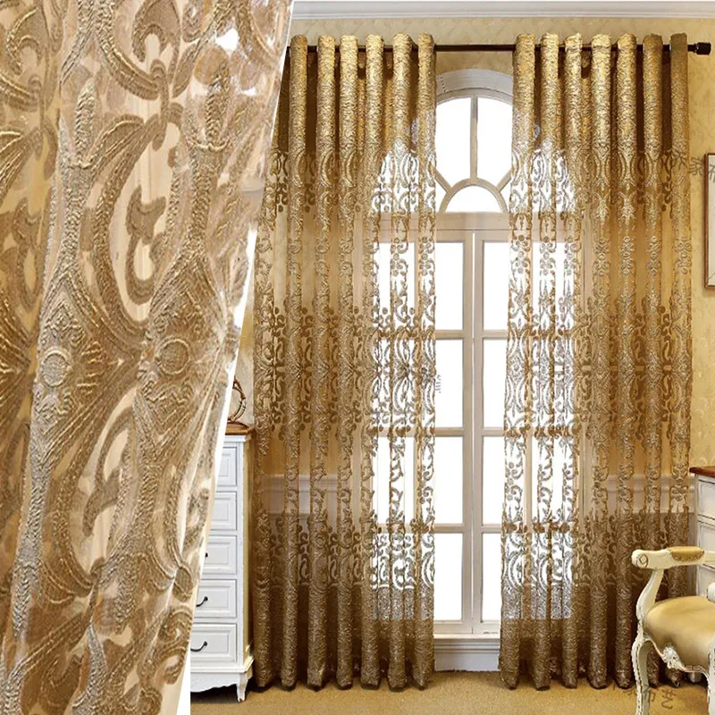 

European Style Bronze Jacquard Design Tulle Curtain Modern Living Room Bedroom Organza Sheer Panel Window Treatment Custom