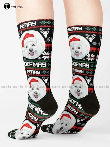 Бишон Фризе Merry Woofmas Рождественские подарочные носки для собак Носки для бега Модные носки для отдыха Забавное искусство Абстрактная живопись маслом
