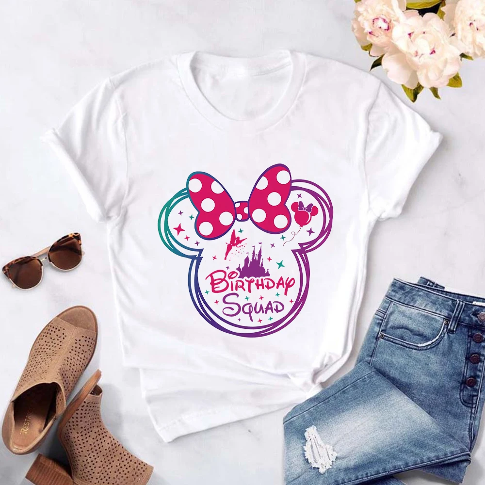 

Disney Birthday Squad T Shirt Women Minnie Mouse Element Sweet Fashion Ropa Aesthetic Mujer Spain Urban Casual Tops T-shirts