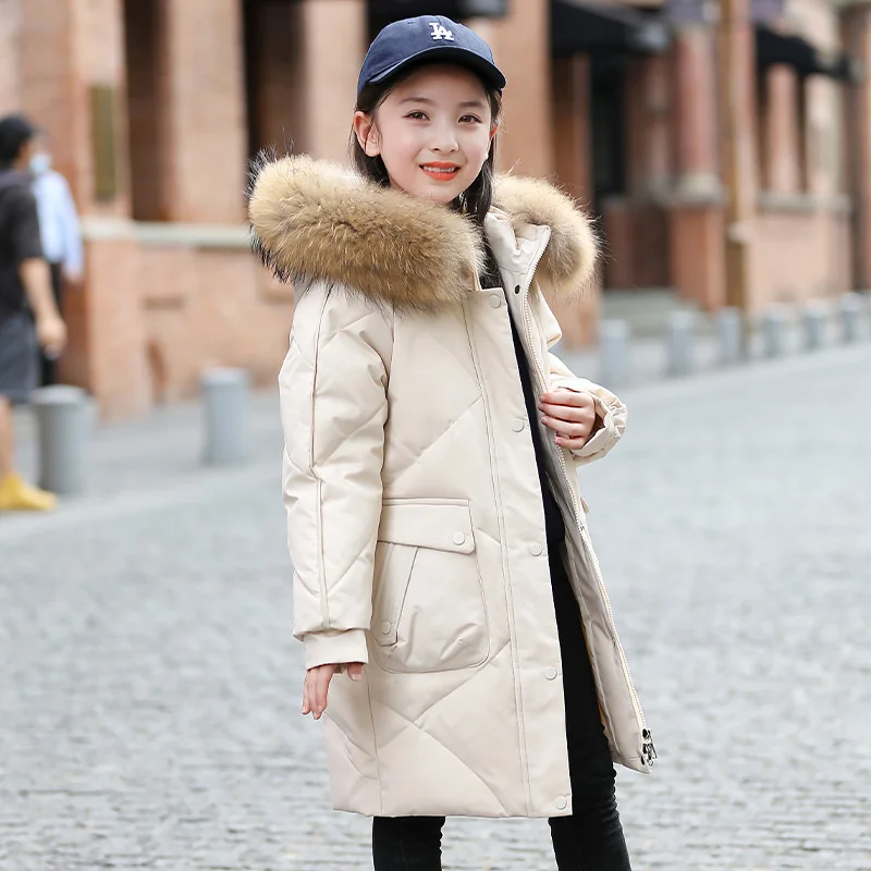 

Новинка 2023, белая зимняя утепленная куртка на утином пуху для девочек, парка с капюшоном, пальто из натурального меха, детский комбинезон, верхняя одежда, одежда 5-16