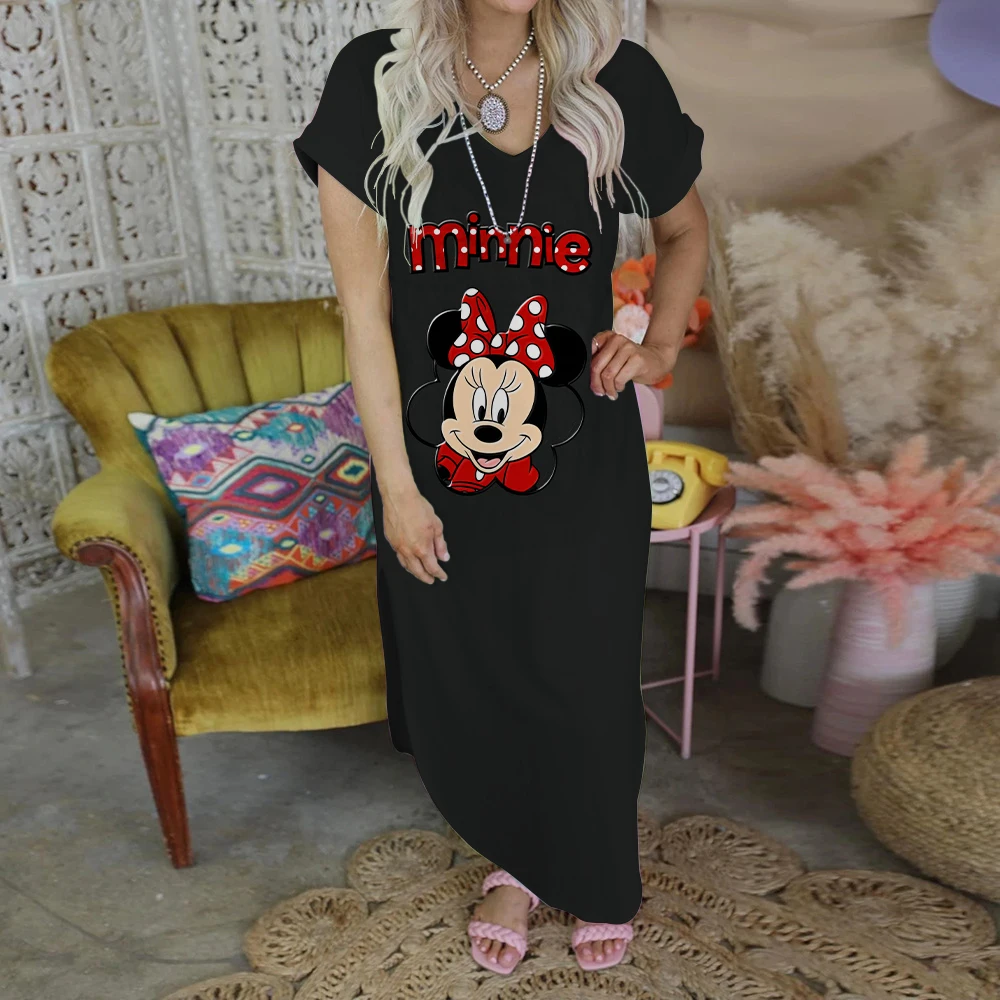 Split Skirt Elegant Casual Women's Dresses for Women 2022 Mickey Long Dress Disney Print Robe V-Neck Minnie Mouse Fashion Party