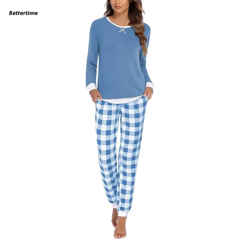 

B36D Women Matching Pajamas Sets Long Sleeve Sleepwear Soft Loungewear Sweatsuit Crewneck Top and Plaid Pants with Pockets
