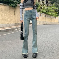 vintage blue flare jeans for women spring summer casual high waist skinny long boot but jeans lady leggy ripped hem denim pants