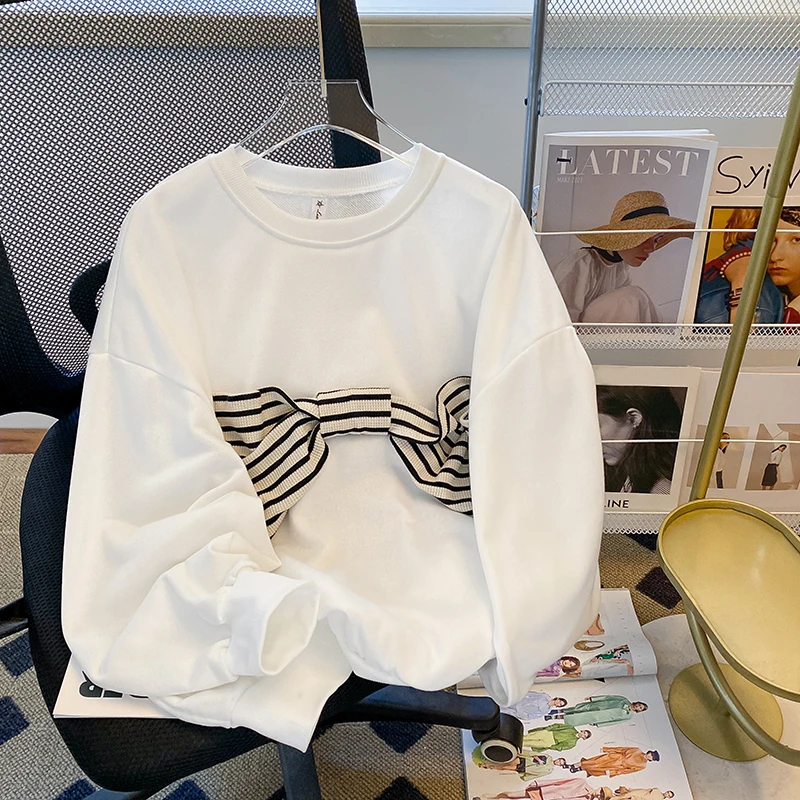 

Streetwear Hoodies Women Fall 2022 Bow Stitching O Neck Sweatshirt Female Long Sleeve Harajuku Y2K Pullover sudaderas mujer