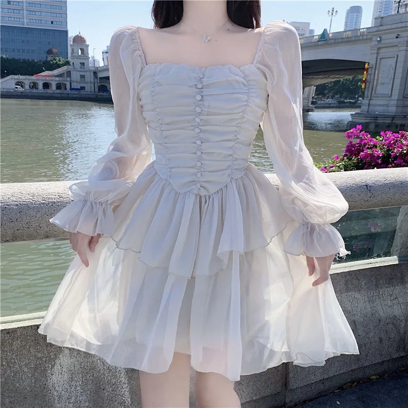 

Женское шифоновое платье с длинным рукавом, повседневное Сетчатое пляжное платье с зауженной талией, праздничные мини-платья, новинка весн...