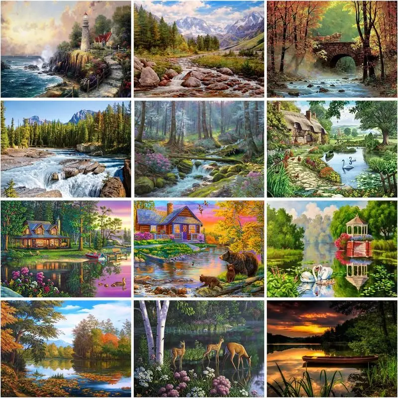 

GATYZTORY Diy Pictures By Number Tree Landscape Kits Painting By Numbers Drawing On Canvas Picture Forest House Scenery Art Gift