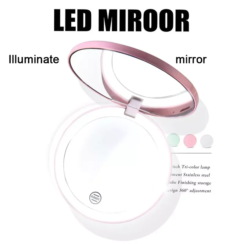 

NEW2023 Mini-LED Light Folding Portable Double-Sided Makeup Compact Mirror USB Connect Cosmetic Makeup Mirror
