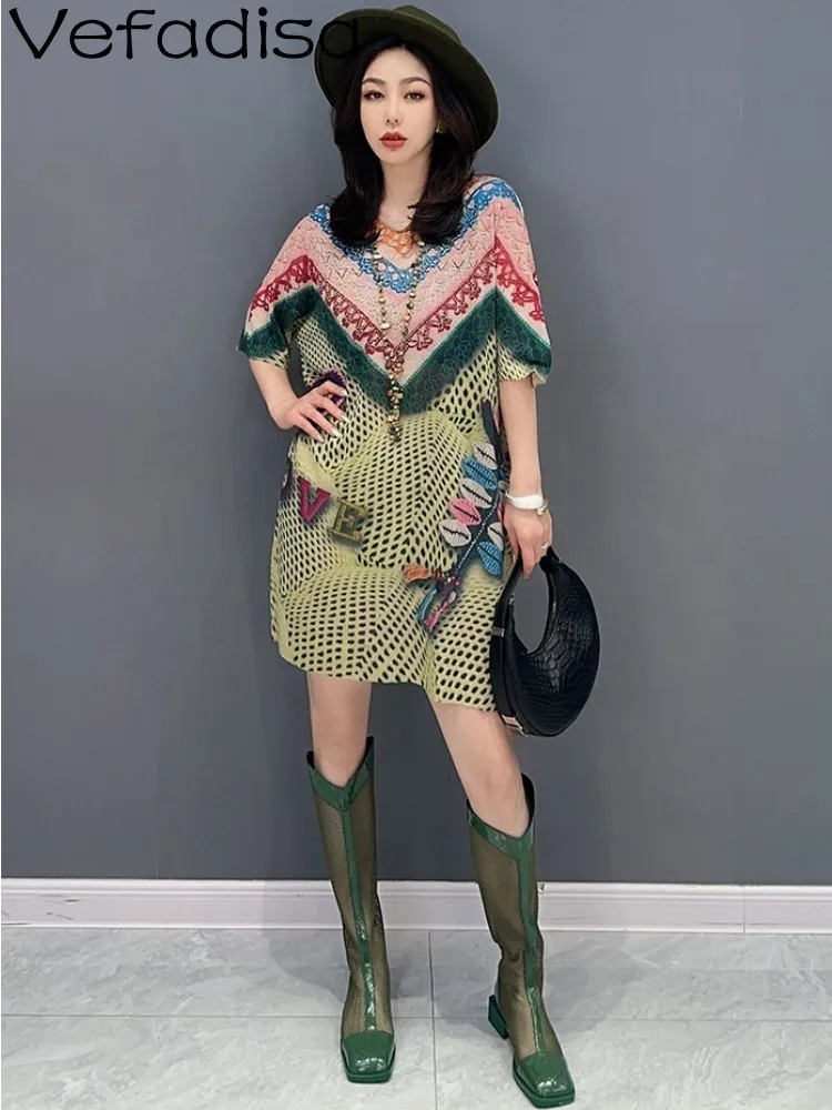 

Vefadisa 2023 Summer New Korean Colorblock Mid Length Printed Women Dress Show Slim Large Size Female Dress ZXF069B