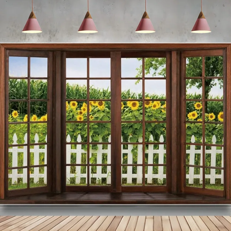 

Spring Window Scenery Backdrop Vintage Brown Wooden Sunflower Garden Photography Background Banner Natural Landscape Wallpaper