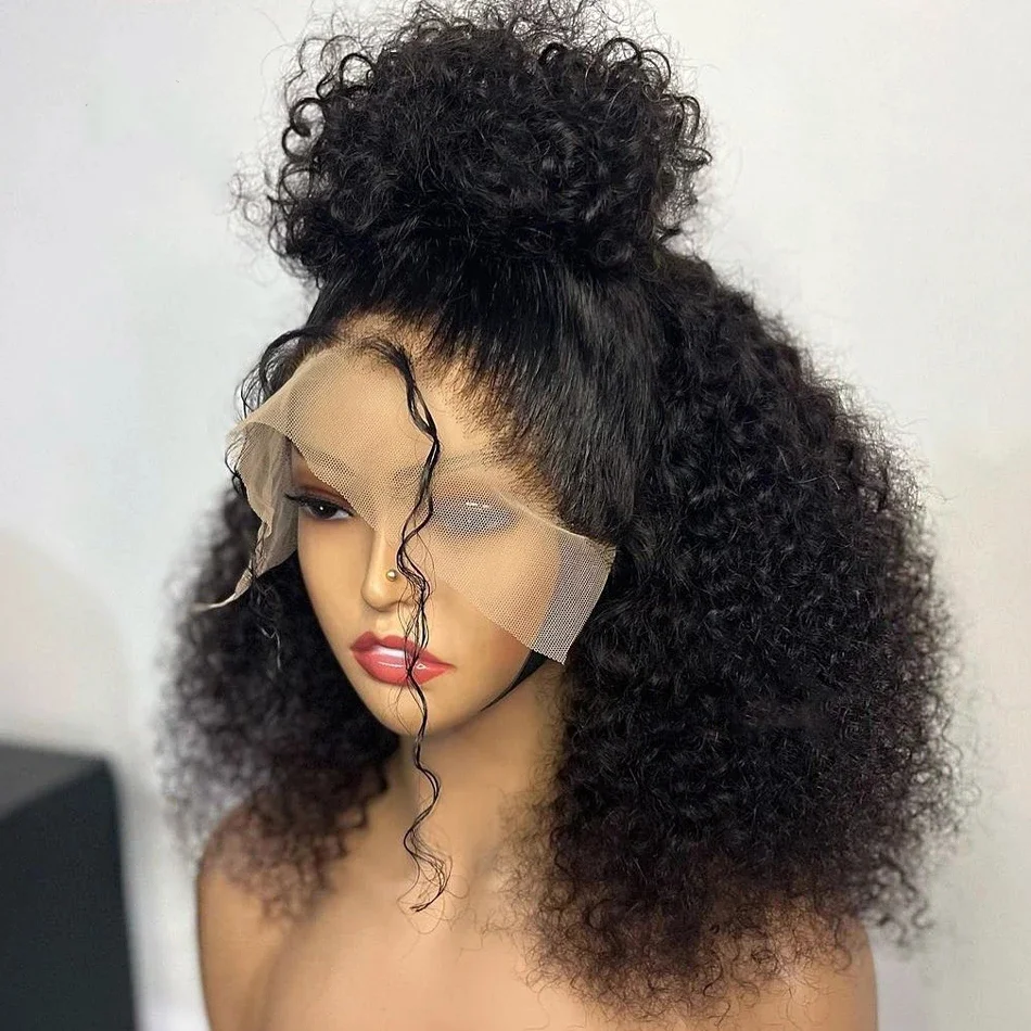 16Inch 180Density Short Bob Kinky Curly Natural Black Lace Front Wig For Women BabyHair Daily Cosplay Glueless Soft Preplucked