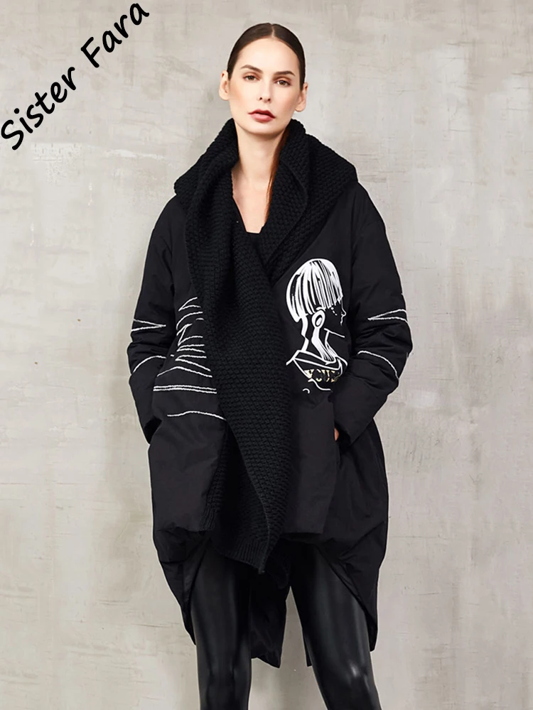 

Sister Fara Scarf Collar Embroidered Cape Down Jacket Winter Female Down Jacket Cotton Jacket Women New Casual Down Jacket Coat
