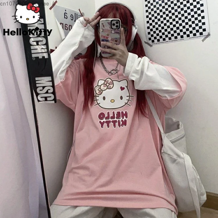 

Sanrio Hello Kitty Sweet Long Sleeve Shirt Women Y2K Street Fashion Clothes Lovely Oversized Casual Pullover Korean Style Tops