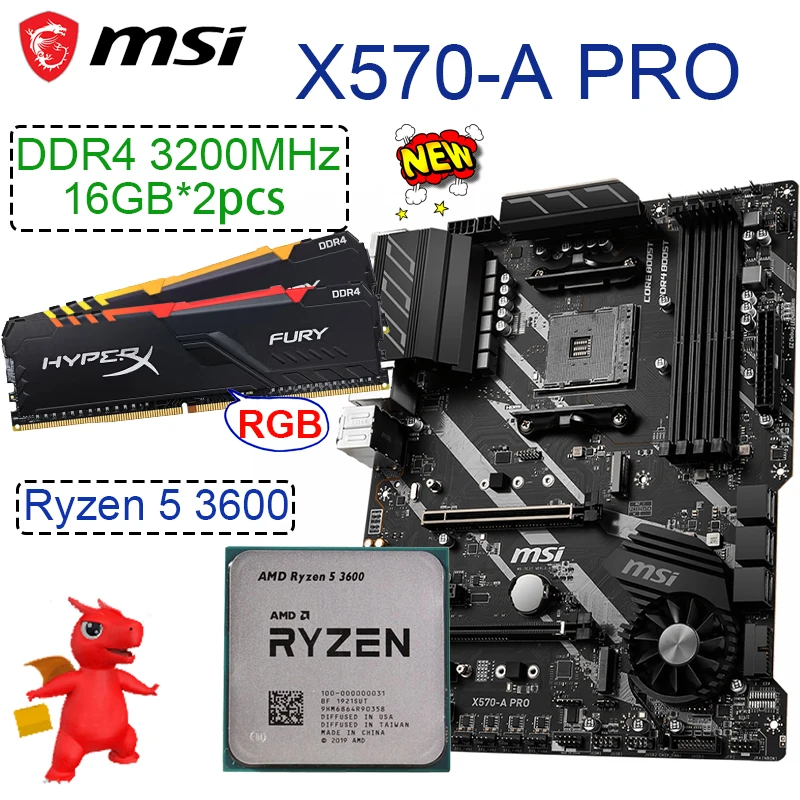 

MSI X570-A PRO Motherboard + AMD Ryzen 5 3600 CPU + DDR4 3200 16GB *2pcs RGB Memory Suit Socket AM4 128GB GAMING Mainboard New