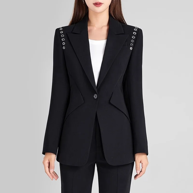 

2023FW new women's suit collar solid color one button eyelet decoration suit jacket y2k fashion high street black casual jacket