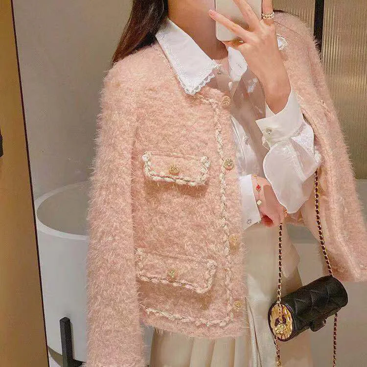 

Korean Female Pink Tweed Basic Jacket Coat Women 2022 Clothing Outerwear Coats Channel Style Suit Cropped Kawaii OL Jackets