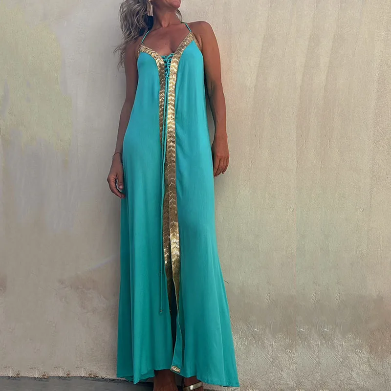 

Женское ажурное пляжное платье без рукавов, элегантное ажурное платье с V-образным вырезом и лямкой на шее, платье в стиле пэчворк для офиса, лето 2023