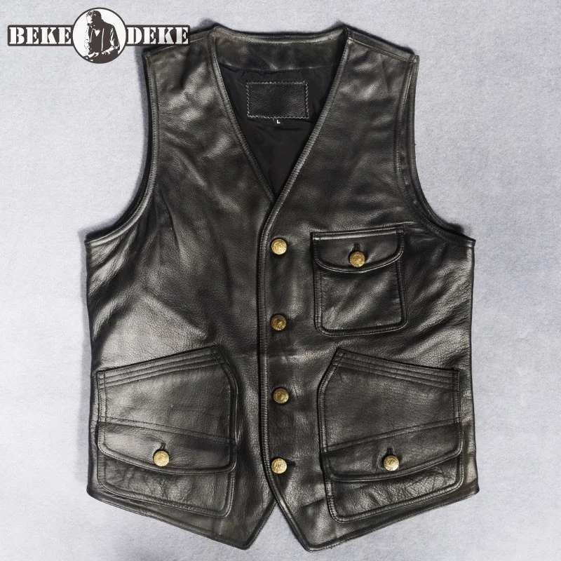 

Motorcycle Vest Vintage Mens Cowhide Genuine Leather Sleeveless Jackets V Neck Single Breasted Mens Waistcoat Punk Style Vests