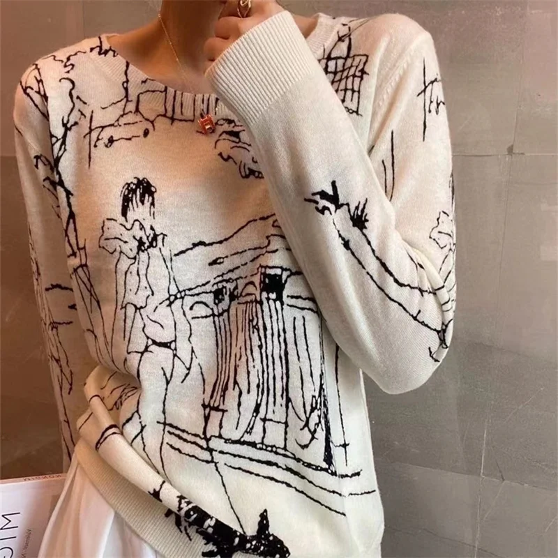 

2023 Refined Imitation Wool Knit T-Shirt Women's Long Sleeve Top Graffiti Digital Jacquard Pullover Ladies Sweater Summer Thin