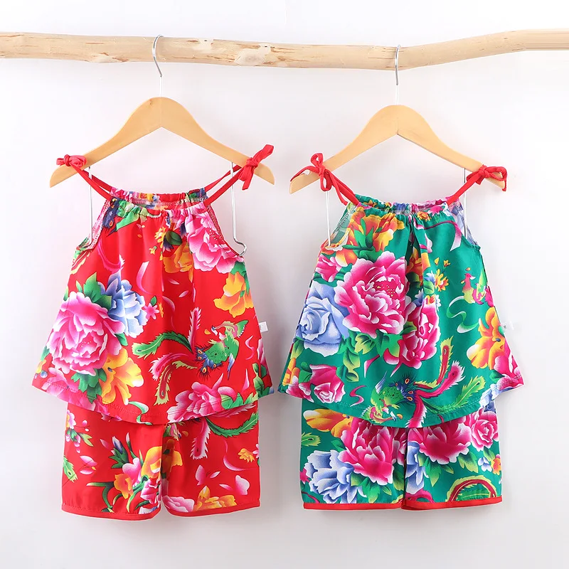 

Children's Sling Suit Boys and Girls Thin Cotton Silk Vest Shorts Two-piece Net Red Baby Northeast Flower Suit