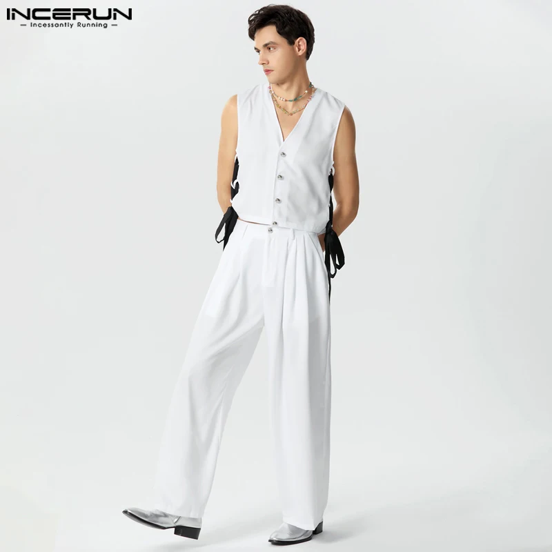 

Мужской комплект из жилета и брюк, Свободный Повседневный костюм в стиле пэчворк с V-образным вырезом, на шнуровке, с широкими штанинами, уличная мода из 2 предметов, 2023