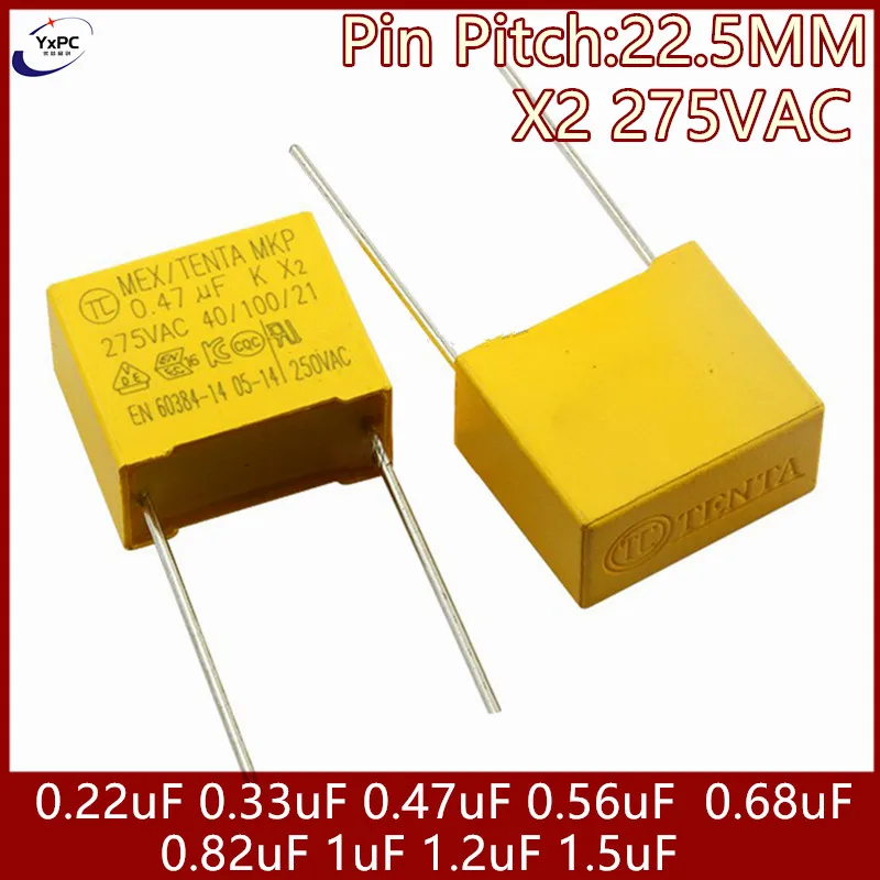 

10pcs 22.5MM X2 Polypropylene film capacitor 275VAC 275V 330NF 470NF 0.22uF 0.33uF 0.47uF 0.56uF 0.68uF 0.82uF 1uF 1.2uF 1.5uF