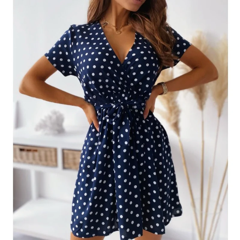 

European and American Style Summer NewsexySexyVCollar Polka Dot Dots Printed Waist-Controlled Short Sleeve Dress SkirtDRESS