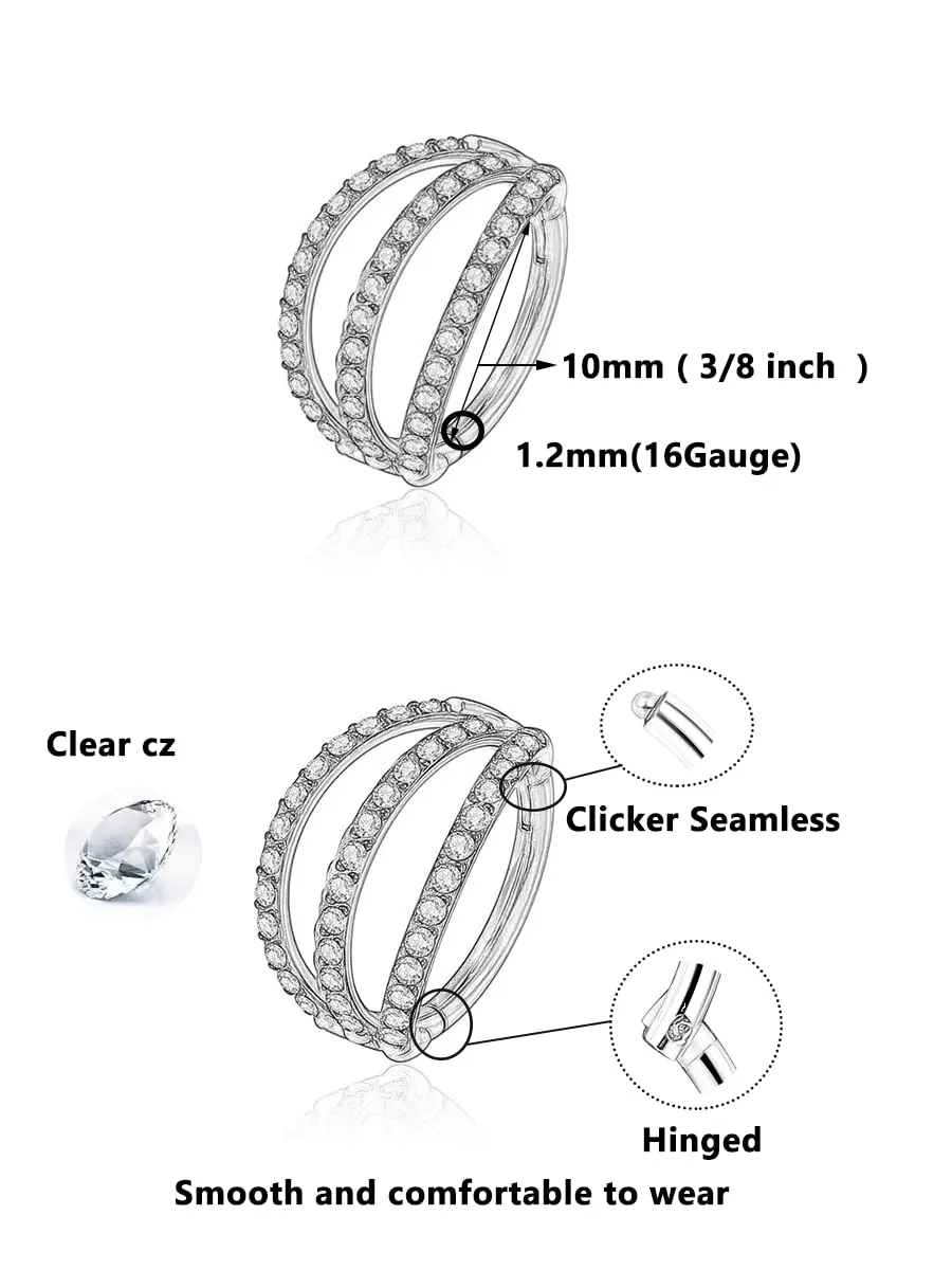 Titanium Nose Rings Septum Clicker Hoop Ear Cartilage Earring Earlobe Piercing Three Rows Zircon Tragus Helix Piercing Jewelry
