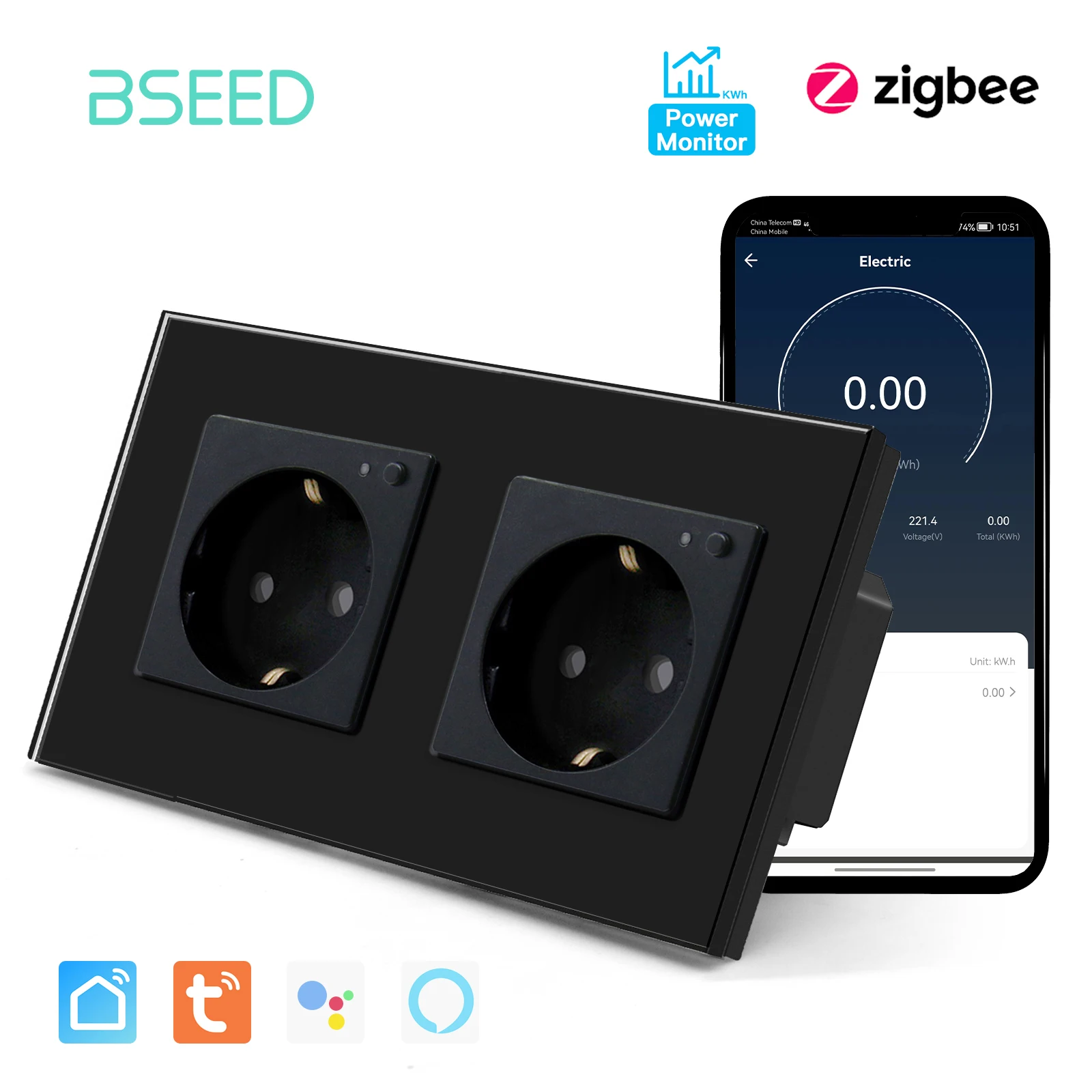 

BSEED EU Tuya Zigbee Socket Smart Wall Socket Power Monitor Glass Panel Blue Backlight 220v Alexa Google Assistant Voice Control