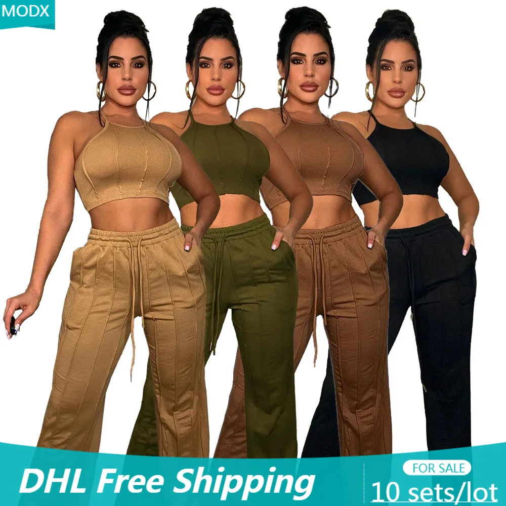 

Женский спортивный костюм из двух предметов, повседневный однотонный спортивный костюм в рубчик, укороченный топ без рукавов и широкие штаны, 8206