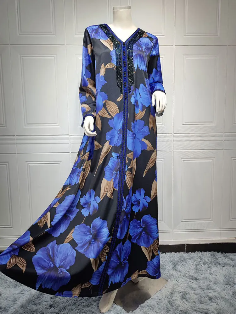 Floral Abaya Arabic Long Dress Braided Trimming Print Dubai Abaya Muslim African Dresses Saudi Gulf Loose Robe Jalabiya Kaftan